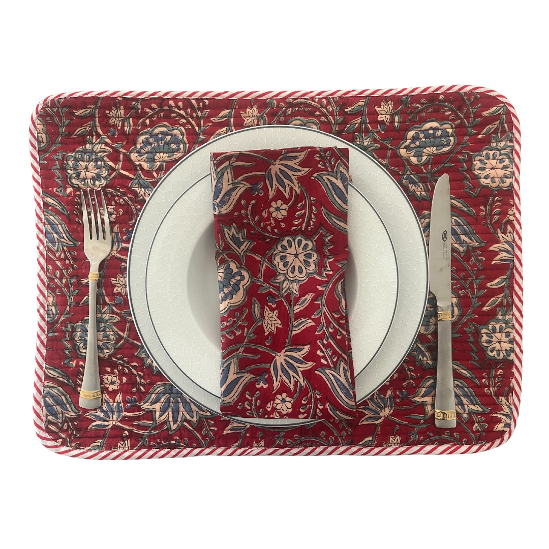 Table Mats (Reversible design) with Napkins Hand Block Printed -Roz