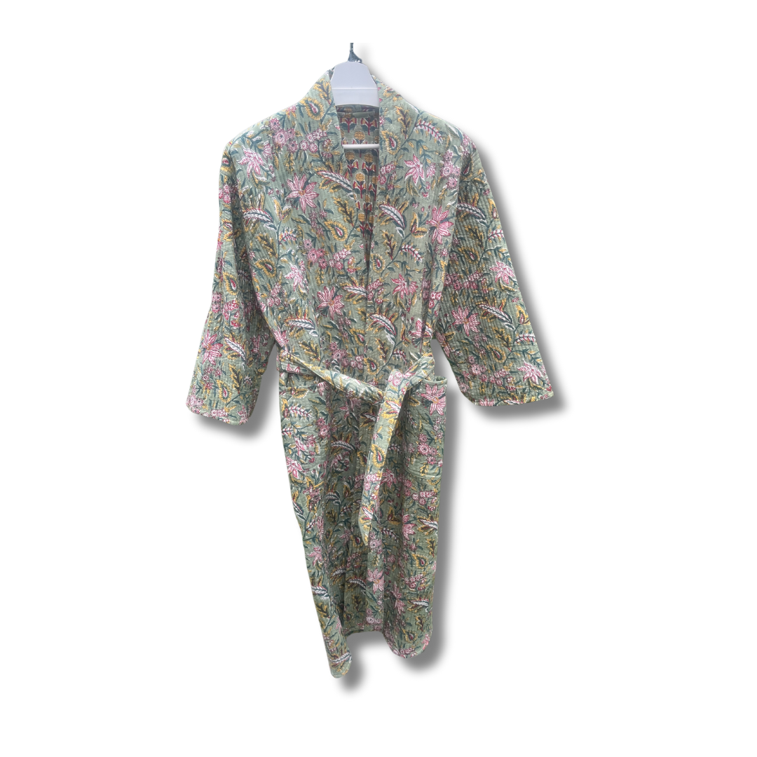 Quilted Hand Block Printed Bath Robe -Blom