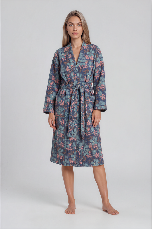 Cotton Robe- Blush (Hand block printed )