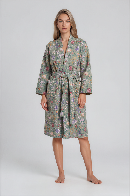 Reversible Quilted Hand Block Printed Bath Robe
