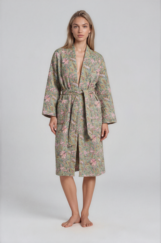 Quilted Hand Block Printed  Robe -Bloom
