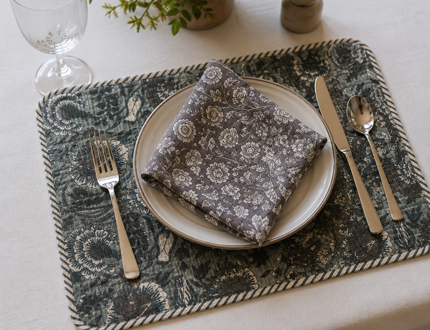 Table Mats (Reversible design) with Napkins Hand Block Printed -Emer
