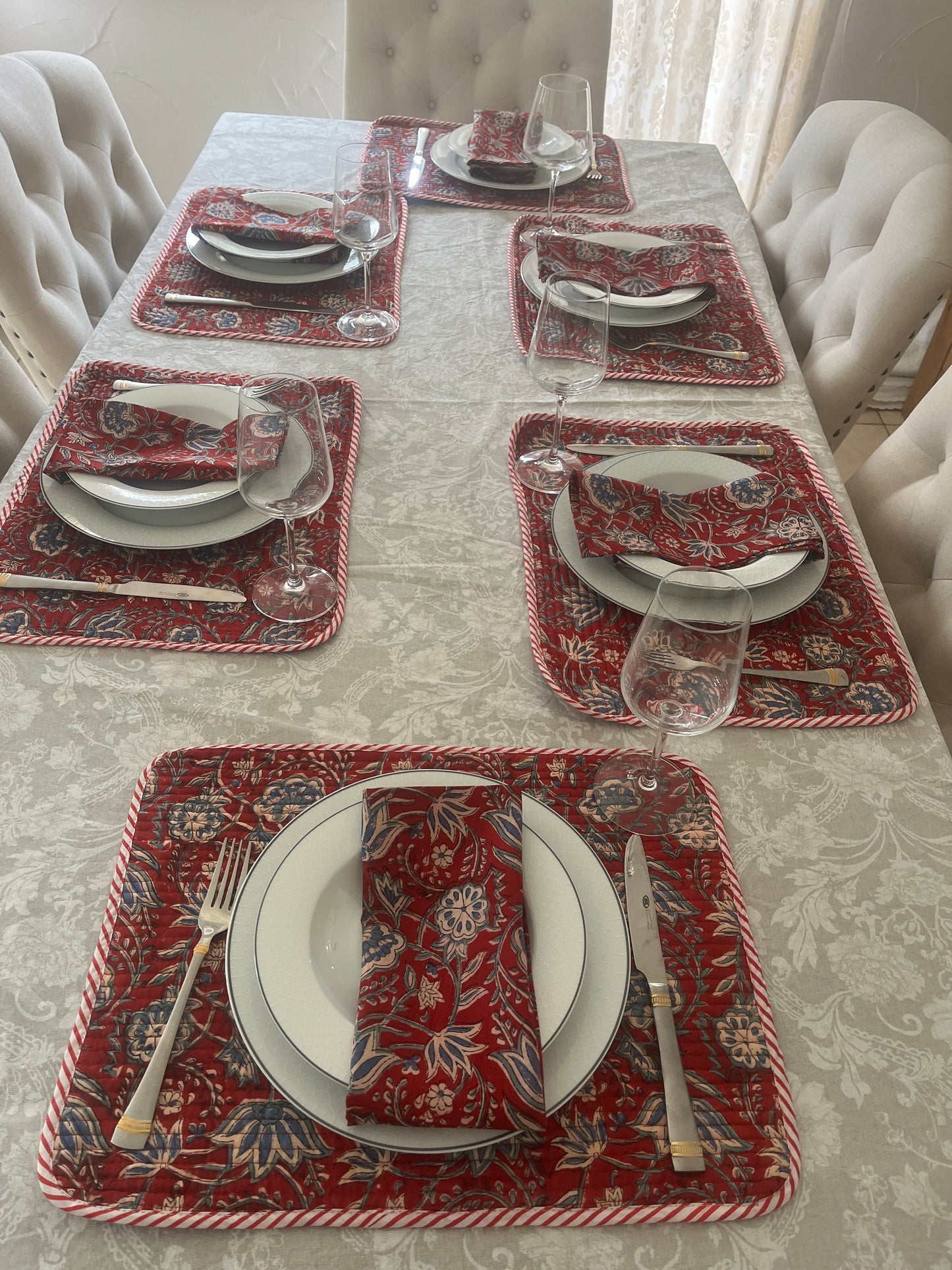 Table Mats (Reversible design) with Napkins Hand Block Printed -Roz