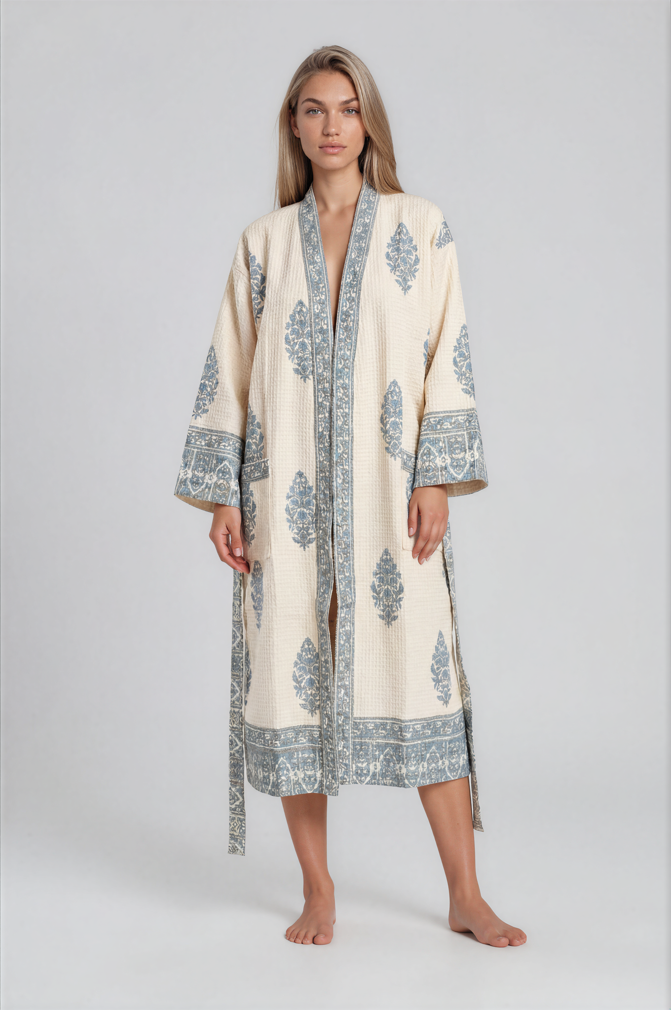 Bath Robe -Waffle Cotton - Hand Block Printed  - Artisan Crafted