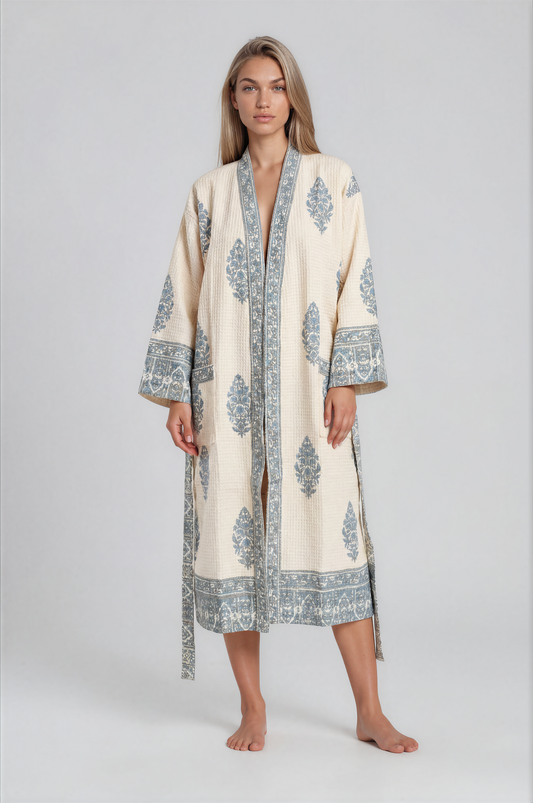 Bath Robe -Waffle Cotton - Hand Block Printed  - Artisan Crafted