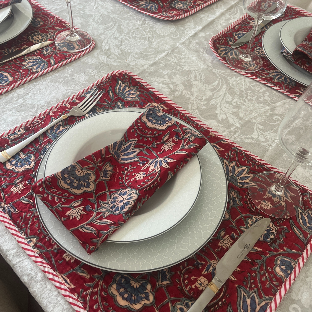 Table Mats (Reversible design) with Napkins Hand Block Printed -Roz