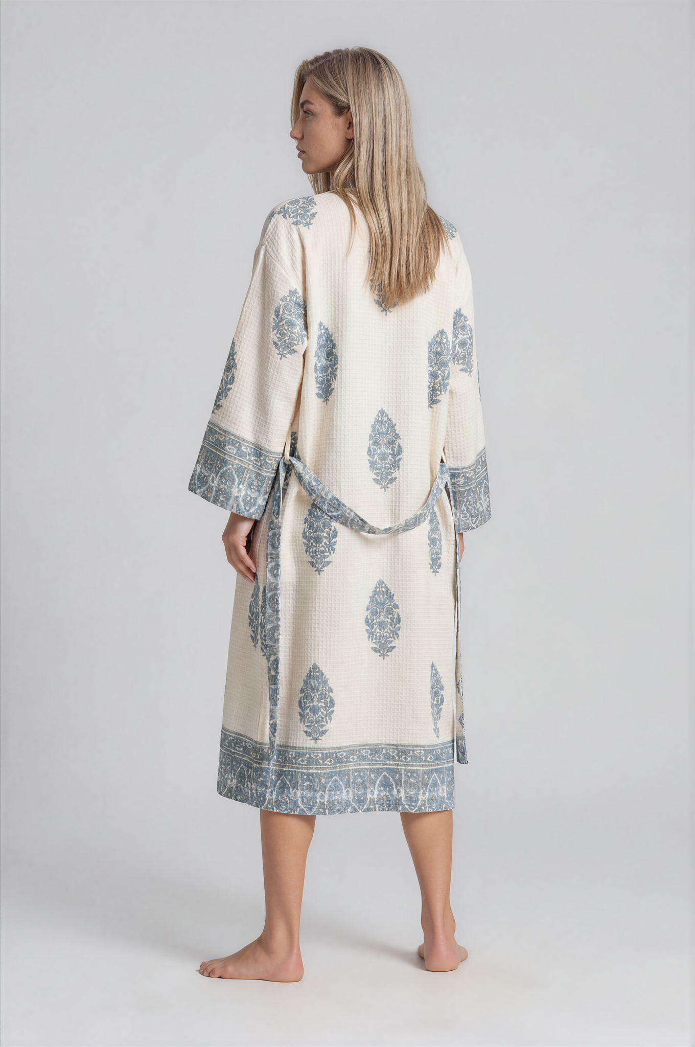 Bath Robe -Waffle Cotton - Hand Block Printed  - Artisan Crafted