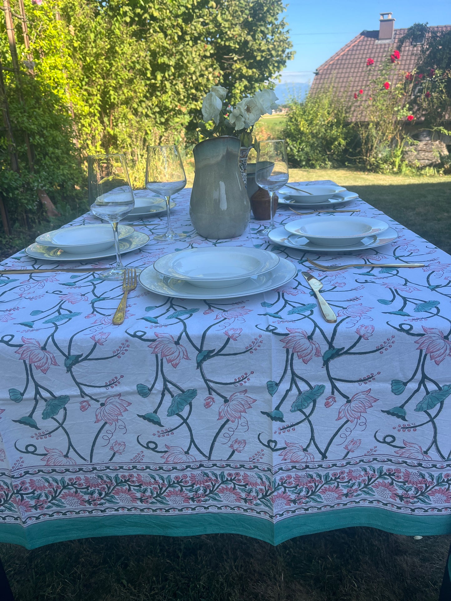 Hand Block Printed Table Cover (Lotus)