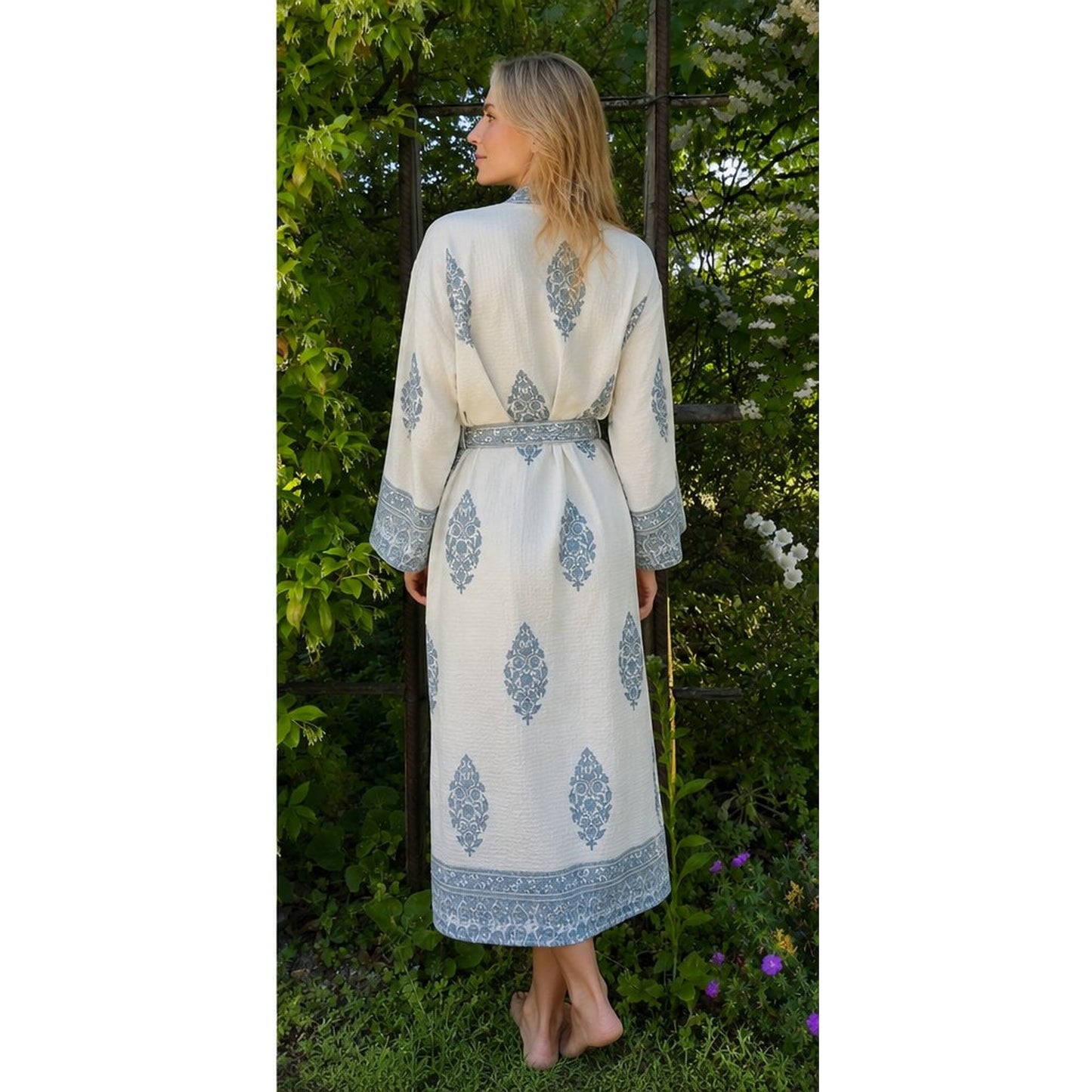Bath Robe -Waffle Cotton - Hand Block Printed  - Artisan Crafted