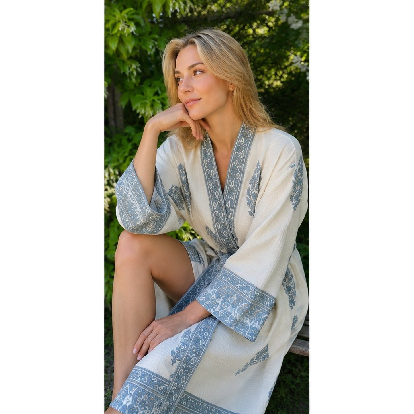 Bath Robe -Waffle Cotton - Hand Block Printed  - Artisan Crafted